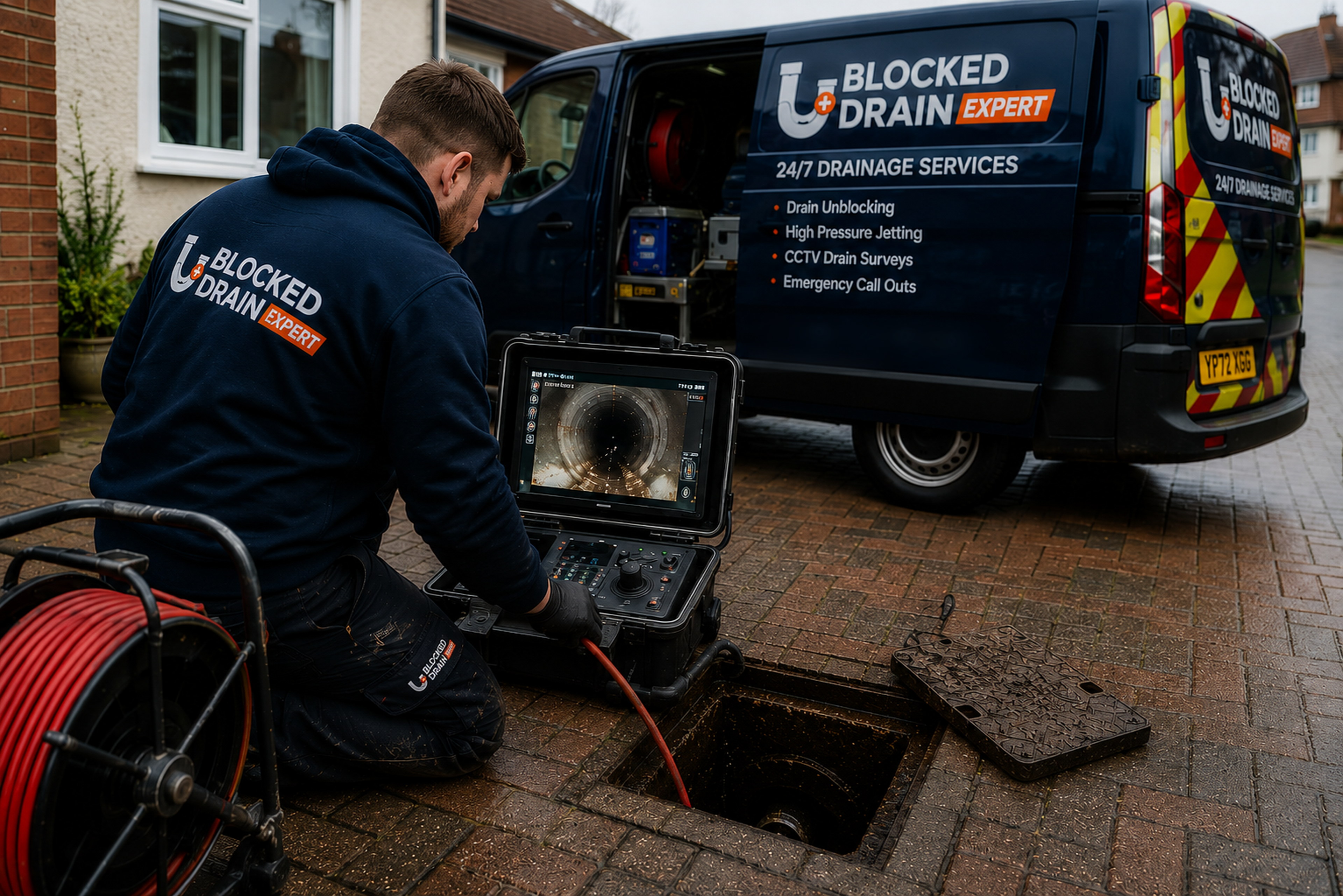 Blocked Drain Expert CCTV drain survey equipment beside a branded service van